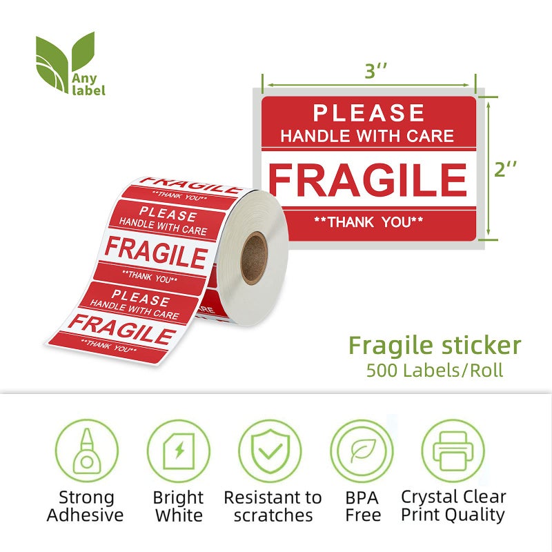 Anylabel 3" x 2" Fragile Stickers for Shipping and Moving Please Handle with Care Fragile Thank You Permanent Adhesive (2 Rolls, 1000 Labels) - Image 2